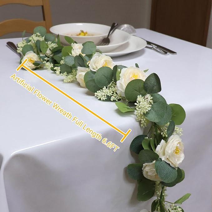 Zerzsy 13Ft Artificial Eucalyptus Garlands with Flowers, Artificial Champagne Rose Garland Vine Decor, Faux Floral Greenery Spring Garland Decorations for Table Home Wedding Mantle Party