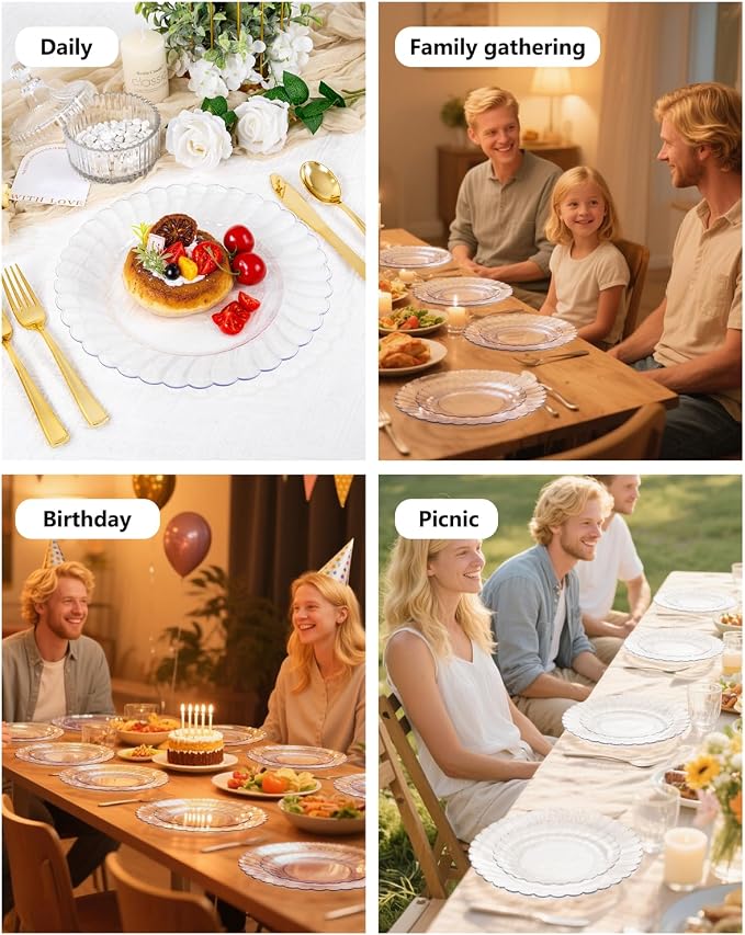 YOUBET 60PCS Clear Scalloped Plastic Plates - Premium Hard Disposable Facny Plastic Plates include 30 Dinner Plate, 30 Dessert Plate for Party & Wedding