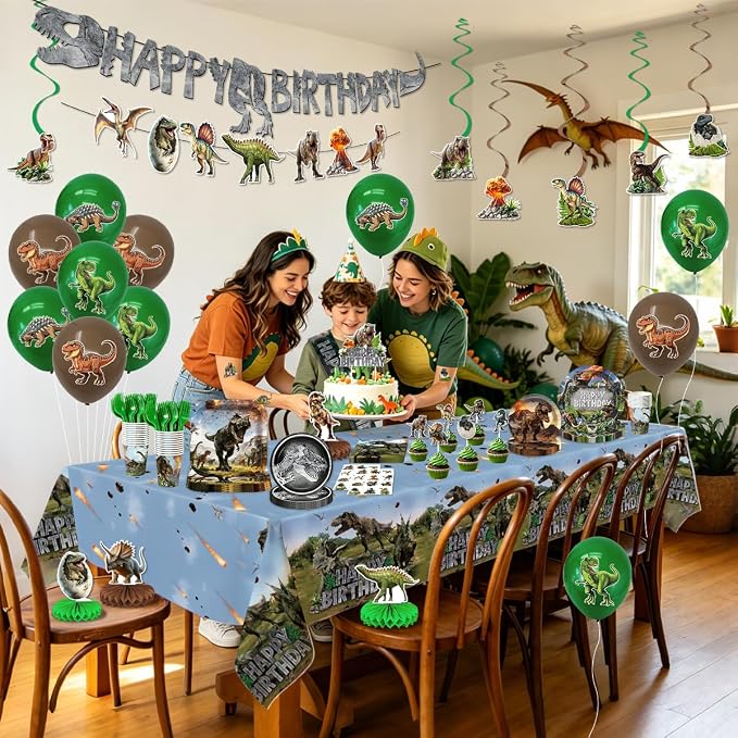 Dinosaur Birthday Party Decorations Dino World Birthday Decorations Tableware Set Include Plates,Napkins,Tablecloths,Balloon, Banner,Hanging Swirl,Honeycomb Centerpieces for Party Decor Serve 26