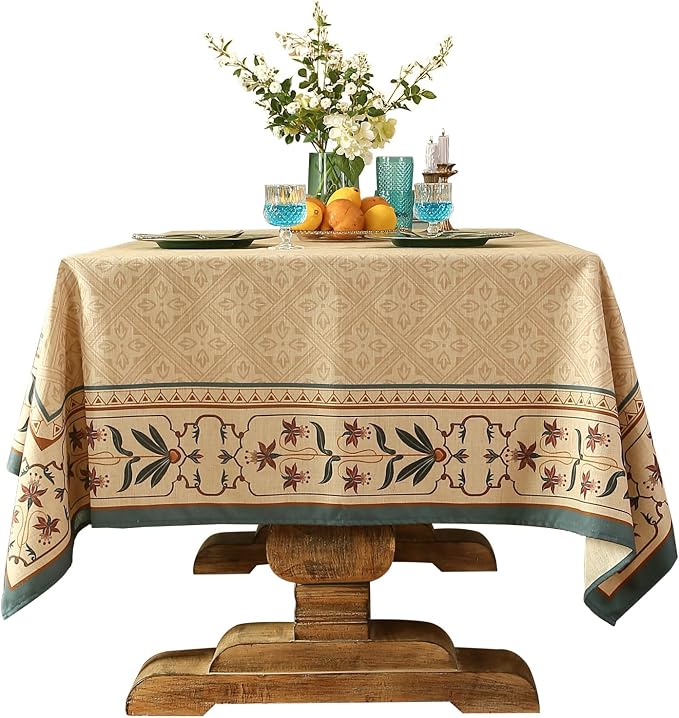 patdrea Designer French Linen Tablecloth,Rectangular,102"x63"-Fram | Elegant Durable Large Table Cloth for Rectangle Table,Vintage Block Print,for Dining Room Tea Party Thanksgiving,Beige