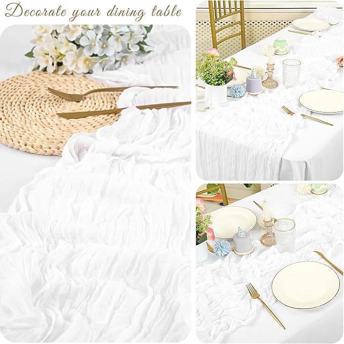 20 Pack Cheesecloth Table Runner 17 x 108 inch Long Boho Gauze Table Runners Semi Sheer Table Runner for Wedding Decor, Baby Shower, Birthday Party, Banquet (White)
