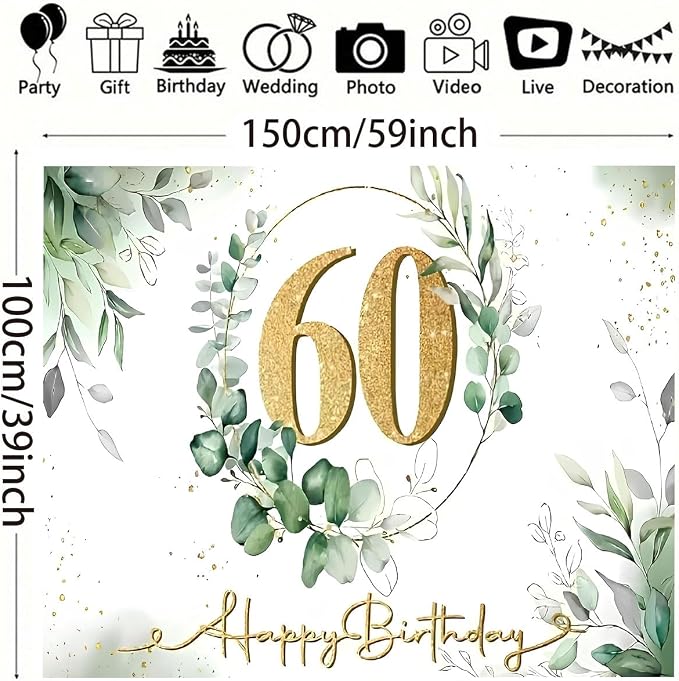 Happy 60th Birthday Backdrop Gold 60th Sign Design Eucalyptus Olive Green Birthday Decorations Gold Dots Greenery Succulent Background for Women Men Birthday Supplies (C, 5X3FT)