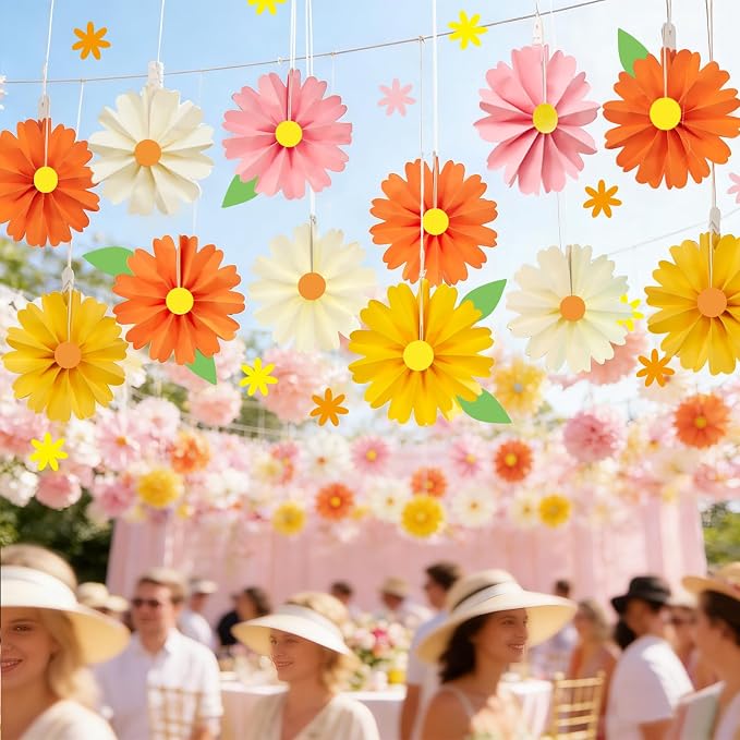 SUNBEAUTY 15Pcs Daisy Paper Fans Party Decorations for Wall, Reusable Pink and Orange Paper FlowersSpring Summer Mini Fan Hanging Paper Floral Decor for Girls Women Birthday Party Backdrop - 6inch