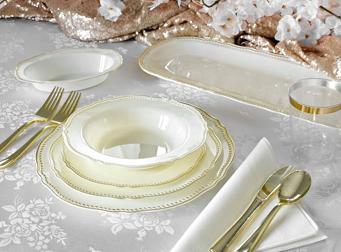 " OCCASIONS " 150pcs set (25 Guests)-Wedding Plastic Plates & cutlery -Disposable heavyweight Dinnerware 10.25'', 7.5'' + Silverware w/double fork (Rochelle Ivory & Gold)