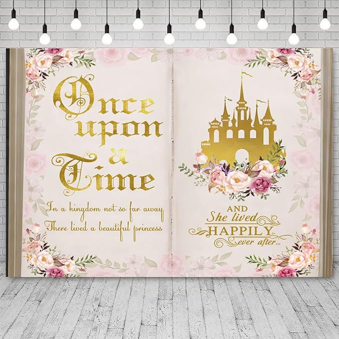 5x4ft Once Upon a Time Backdrop Pink Flower Gold Castle Photography Background Fairy Tale Books Floral Princess Girls Birthday Banner Decorations Fairytale Wedding Portrait Photo Booth Prop