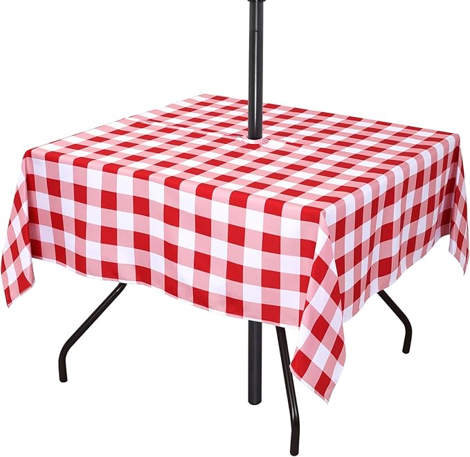 Poise3EHome Square Outdoor Tablecloth with Umbrella Hole and Zipper,Red Gingham 60x60 Inch,Polyester SpillProof Washable Table Cloth for Spring Summer Patio Garden Poolside Picnic Camping BBQS