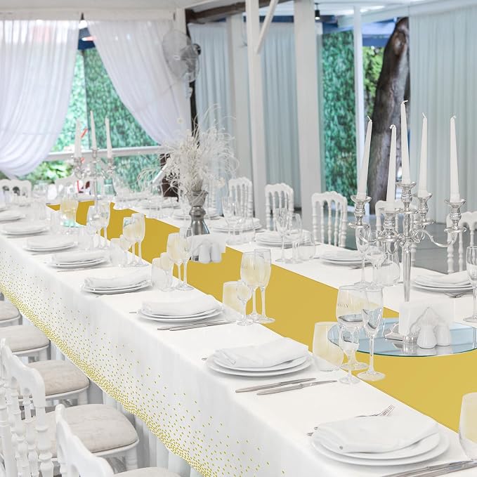 24 Pack White and Gold Tablecloth and Table Runner Set Party Decorations, White and Yellow Gold Plastic Disposable Tablecloth and Satin Table Runner for Wedding Birthday Graduation Anniversary Party