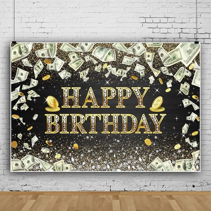 12x8ft Money Birthday Backdrop Dollar Bill Gold Coins Bday Party Background Supplies Money Happy Birthday Party Backdrop Black and Gold Banner Sparkle Glitter Diamonds Decor Gifts Photobooth