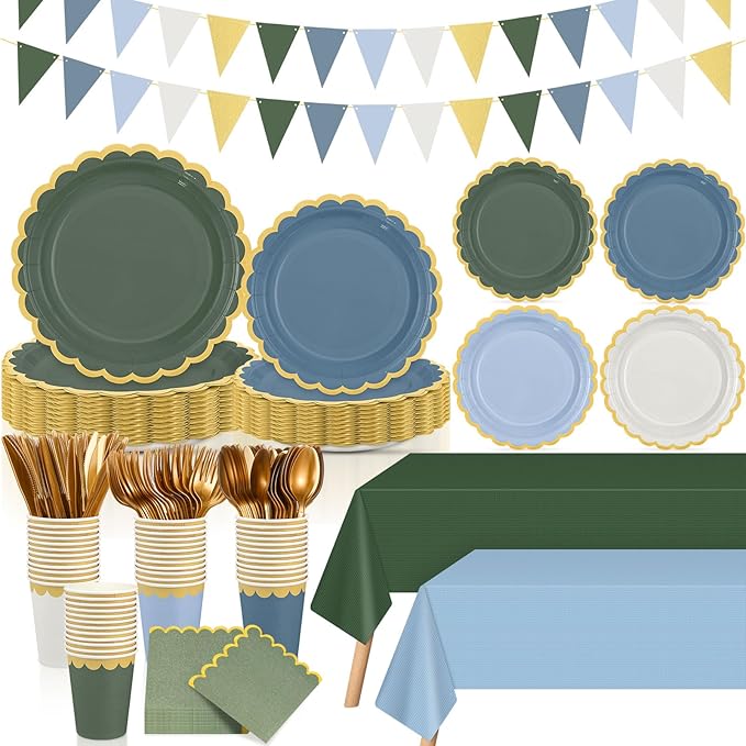 Mimorou 342 Pcs Dusty Blue Green Party Supplies for 48 Guests, Forest Green and Dusty Blue Scalloped Paper Plates Napkins Cups Gold Cutlery Tablecloth Banner Set for Birthday Baby Shower Wedding