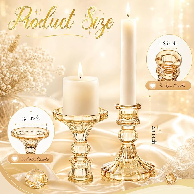 Sieral 24 Pcs Gold Taper Candle Holders 4'' Tall Candlestick Glass Holders Bulk Stripe Decorative Stand Wedding Stick Holder for Anniversary Party Dining Table Festival Decor