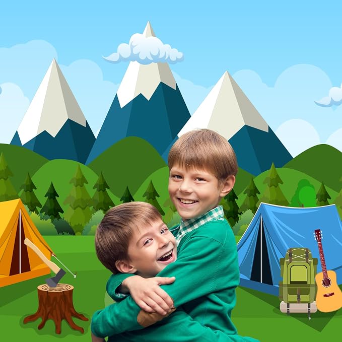 Cartoon Camping Photography Background Forest Mountain Scenery Camping Adventure Backdrop Outdoor Campfire Camper Tent Backdrop Hiking Climbing Sign Guitar Backpacks Background Props 12x8ft