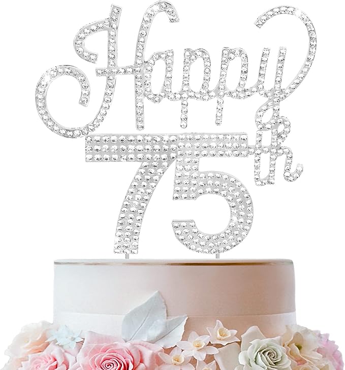 LINGTEER Happy 75th Birthday Silver Rhinestone Cake Topper - Cheers to 75th Birthday 75 Years Old Anniversary Party Cake Centerpieces Topper Decorations Gift Sign.