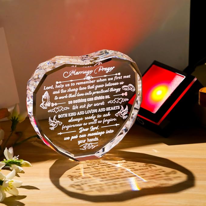 Arikyrist Crystal Wedding Gifts for Couples 2026 Heart-shaped Marriage Prayer Plaque with LED Base Anniversary Wedding Gifts for Newlyweds Valentine's Day Wedding Engagement Presents