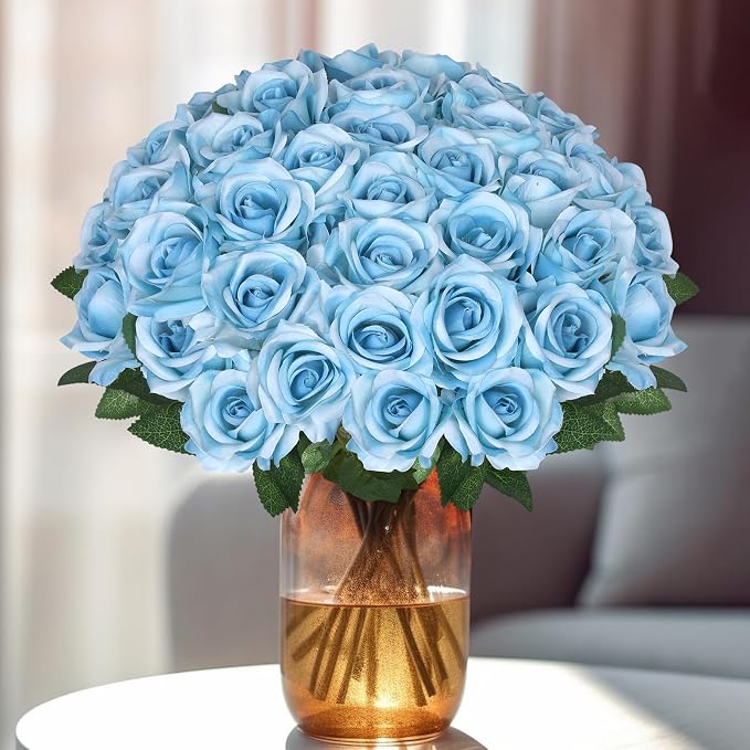 90pcs Fake Sky Blue Roses Artificial Flowers Bulk Realistic Silk Faux Rose with Stems for Wedding Decoration Anniversary Bridal Bouquet DIY Floral Arrangement Romantic Home Decor Gifts