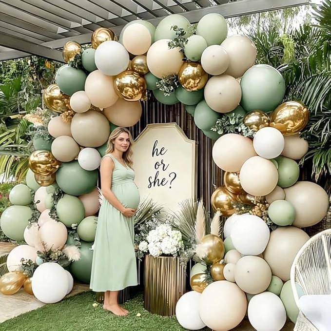 Dusty Green White Gold Balloon Garland Double Stuffed Light Sage Green White Sand Beige Balloon Arch Kit Olive Cream Metallic Balloons for Baby Bridal Shower Birthday Wedding Wild One Party Decor
