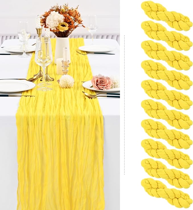 Showgeous 10 Pack Yellow Cheesecloth Table Runner, 10FT Long Semi-Sheer Boho or Rustic Gauze Table Runner Wedding Table Decor for Wedding Arch Draping Bridal Shower Holiday Party
