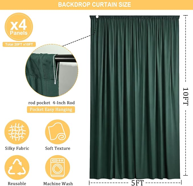 20FT x 10F Blackish Green Backdrop Curtain for Parties, Polyester Curtain Backdrop with Rod Pockets,Photography Photo Booth Backdrop for Wedding,Film Sets,Formal Occasions, Birthday Decoration