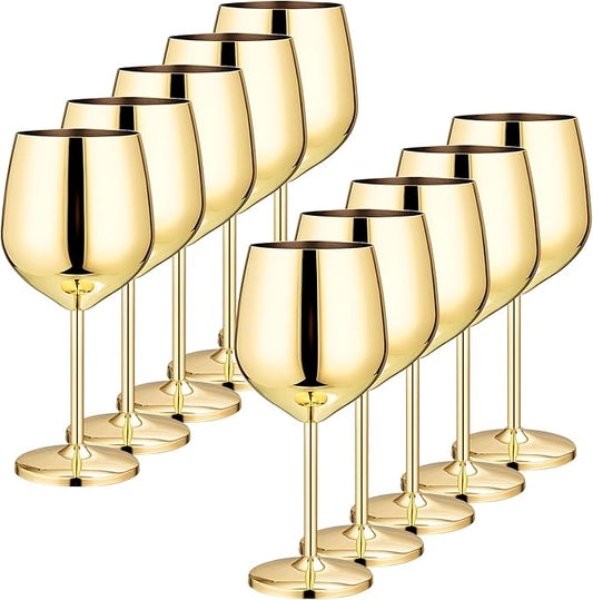 Set of 10 18 oz Stainless Steel Wine Glass Unbreakable Glasses for Travel, Camping and Pool Stemmed Metal Wine Glass Goblet for Outdoor Event Picnic Party Beach Pool Travel Wedding Anniversary (Gold)