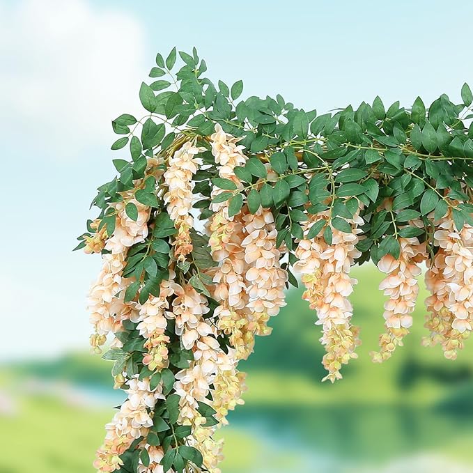 1pc/2pcs Encrypted Flower Vine Wisteria Artificial Flowers Garland,White Wisteria Hanging Flower Garland Decorations for Home Garden Outdoor Ceremony Wedding Arch Decoration (Champagne Color, 1pc)