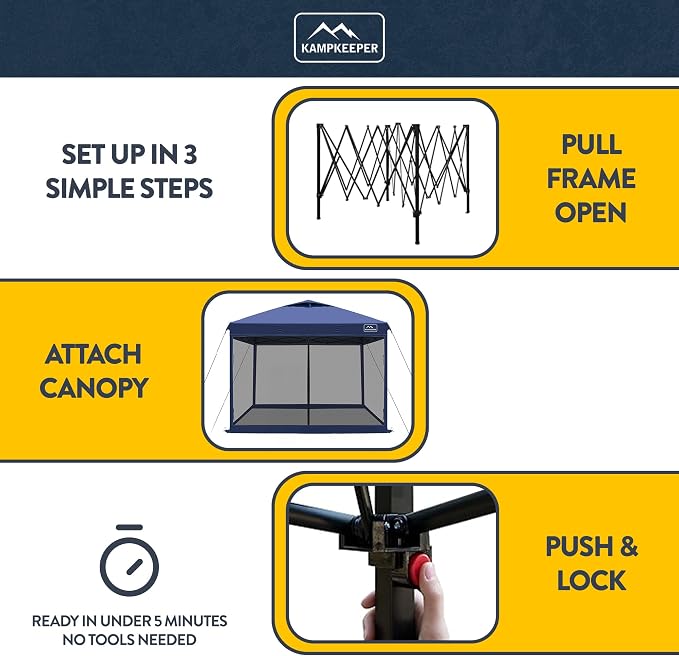KAMPKEEPER 10x10 Pop-Up Canopy Tent, Waterproof Portable Shade with Screen Walls, Adjustable Instant Outdoor Shelter for Camping, Backyard, and Events, Navy Blue