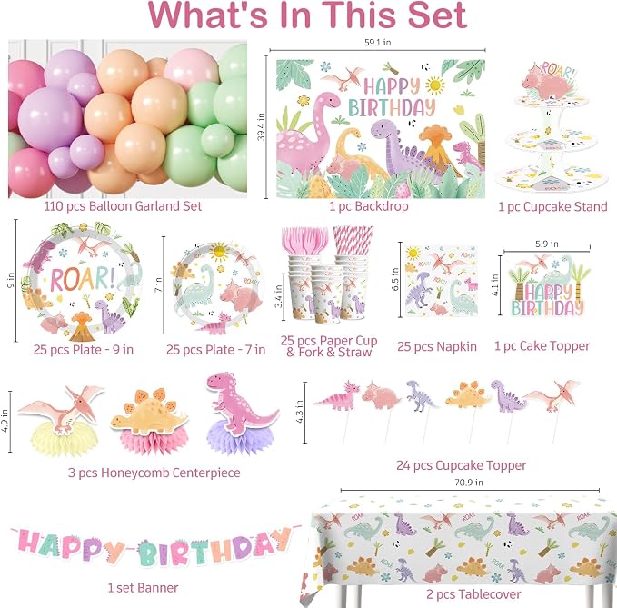 293pcs Pink Dinosaur Birthday Decorations for Girl, Worry-free One-stop Set for 25 Guests, with Dinosaur Balloon Arch, Plates and Dino Cupcake Stand, Easy Setup for Dinosaur-Themed Party