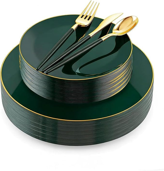 Liacere 150PCS Green Plastic Plates - Gold Plastic Silverware with Green Handle - Heavy Duty Fancy Plastic Plates Disposable Include 30 Guests Plates, Forks, Spoons, Knives for St. Patrick's Day