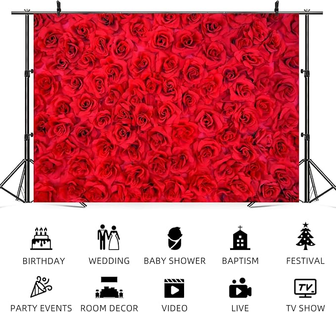 6x4ft Red Rose Backdrop Rose Flower Wall Background for Photography Valentines Day Backdrop Valentines Banner Wedding Bridal Shower Decor Birthday Decoration Mother's Day Photo Booth Prop