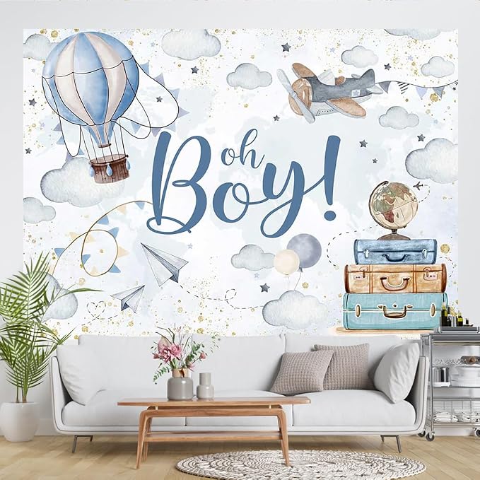 Lofaris 7x5ft Oh Boy Baby Shower Backdrop for Kids Boy Party Decoration Cloud Hot Balloon Adventure Begins Travel Around The World Airplane Up Up and Away Photography Background Banner Photo Booth