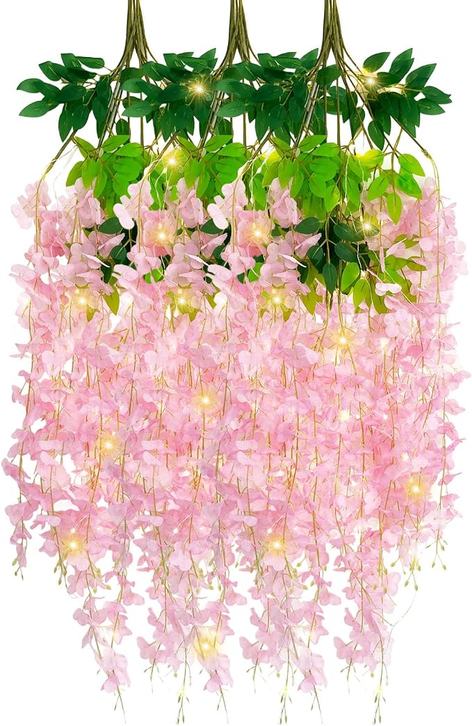 12 Pack Pink Wisteria Hanging Flowers Garland with Lights, 3.44 Feet Artificial Flower Vines, Fake Wisteria, Artificial Vines Hanging Garland for Backdrop Outdoor Patio Garden Decor