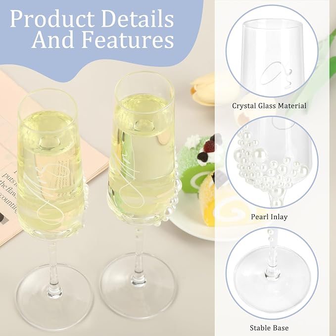 8 PCS Wedding Cake Knife and Champagne Flutes Server Set, Mr and Mrs Champagne Flutes with 2 Forks and 2 Spoons,Bride and Groom Champagne Glasses for Wedding, Engaggement and Bridal Shower Gifts