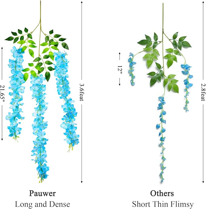 Pauwer Wisteria Hanging Flowers 24 Pack Fake Flower Garland Artificial Wisteria Vines Rattan Silk Flower String Wedding Party Wall Decorations,Blue