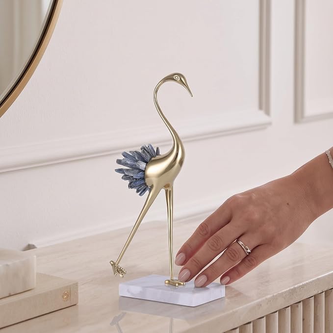 suruim Elegant Gold Crane Bird Statues with Crystal Tail Accents, Decorative Brass Figurines for Home Decor (Blue B)