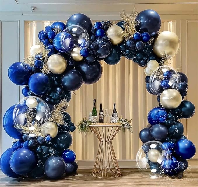 Royal Blue Gold Balloon Arch Double Stuffed Latex Bobo Pearl Gold Balloon Garland Navy Ruby Blue Balloons for Birthday Baby Shower New Year Wedding Prom Business Opening Party Decor