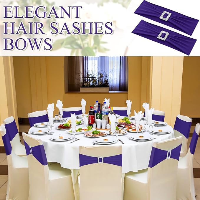 VitalCozy 100 Pcs Spandex Chair Sashes with Square Buckle Slider Stretch Chair Cover Band Universal Elastic Ties Straps Bows for Wedding Banquet Event Party Decoration(Dark Purple)