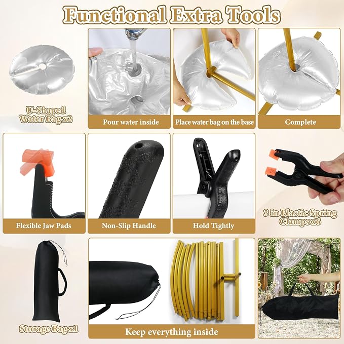 Arch Backdrop Stand and Cover Set, 7.2FT Gold Metal Arch Back Drop Stand with Spandex Arch Background Covers- Balloon Arch Stand Kit for Weddings, Parties, Baby Shower Photo Booths (White+Champange)