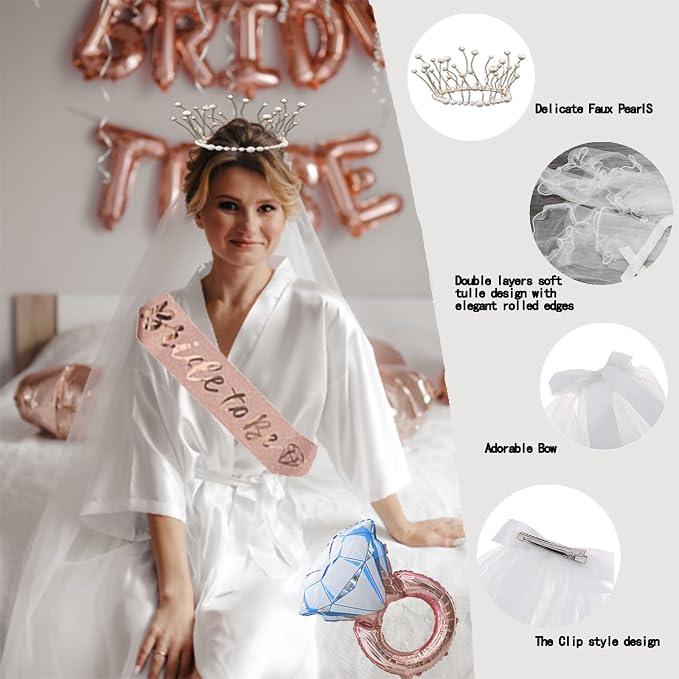 224 Pcs Rose Gold Bachelorette Party Decorations for Bride, Bridal Shower Party Supplies Set with "Bride To Be" Banner, Veil, Tiara, Sash, Balloons, Tableware and Photo Props