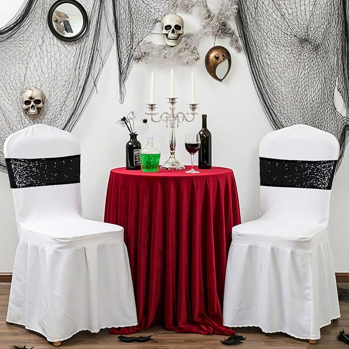 Poise3EHome Black Sequin Chair Sashes,Folding Chair Cover Bands for Wedding Party Ceremony Banquet Decorations, 10 PCS