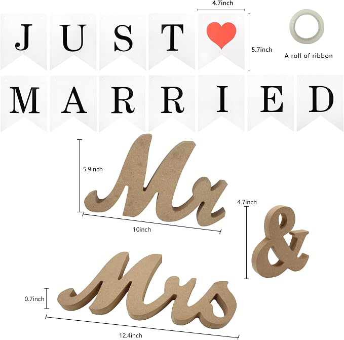 Mr & Mrs Wooden Letters, Just Married Banner, Head Table Wedding Decor - Anniversary, Valentine's Day, Vintage (Wood Color With Banner)