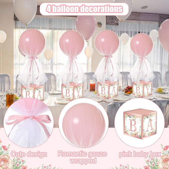 6 Set Pink Girl Tulle Tutu Balloon with Letter Boxes Baby Shower Table Centerpieces Decor for Gender Reveal 24'' Balloons White Tulle Cover with Stand, Boxes for Girl Boy Wedding Birthday Party