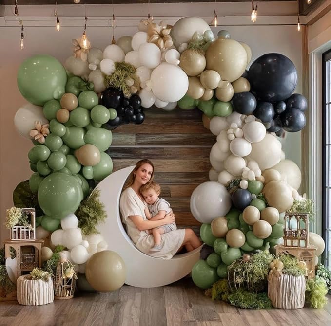 Black Sage Green Nude Balloon Garland Double Stuffed Olive Green Sand White Balloon Avocado Apricot Black Latex Arch Kit for Jungle Safari Wild One Birthday Baby Shower Woodland Decorations