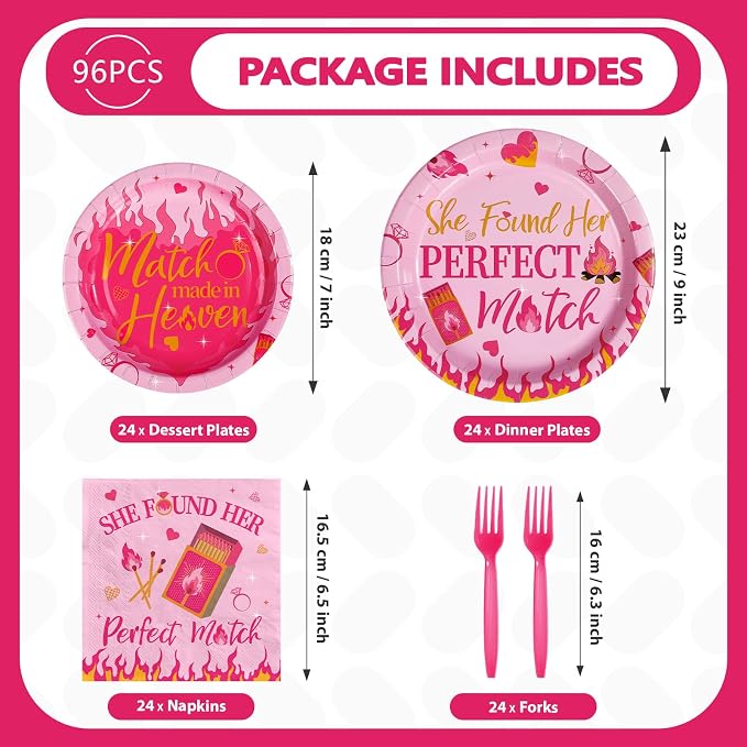 96Pcs Perfect Match Bachelorette Party Supplies She Found Her Perfect Match Plates and Napkins Hot Pink Matches Tableware Set for Bridal Shower Bachelorette Engagement Party Decor Serves 24