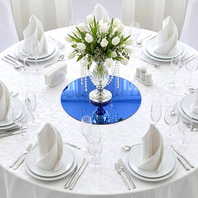 Thyle 12 Pcs 10 Inch Acrylic Round Mirrors for Tables Centerpieces Circle Mirrors Candle Plates for Wall Wedding Table Centerpieces for Baby Shower Party, Thickness 1 mm (Blue)