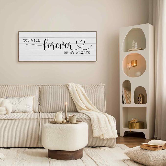 TLESKE You Will Forever Be My Always Sign Large Wall Art Decor Framed 15x40, Above Bed Over Bed Canvas Wall Art Decor Print for Couples Bedroom Living Room, Rustic Bedroom Love Signs Wall Picture