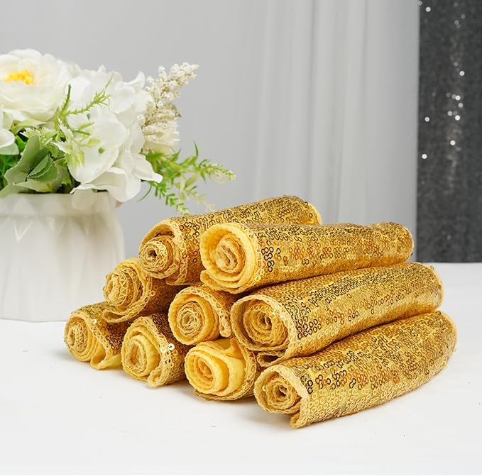 SquarePie Pack of 100 Chair Sashes Bands Gold Stretch Spandex One-Sided Sequin Chair Sashes Bows for Wedding Party Fiesta Decor