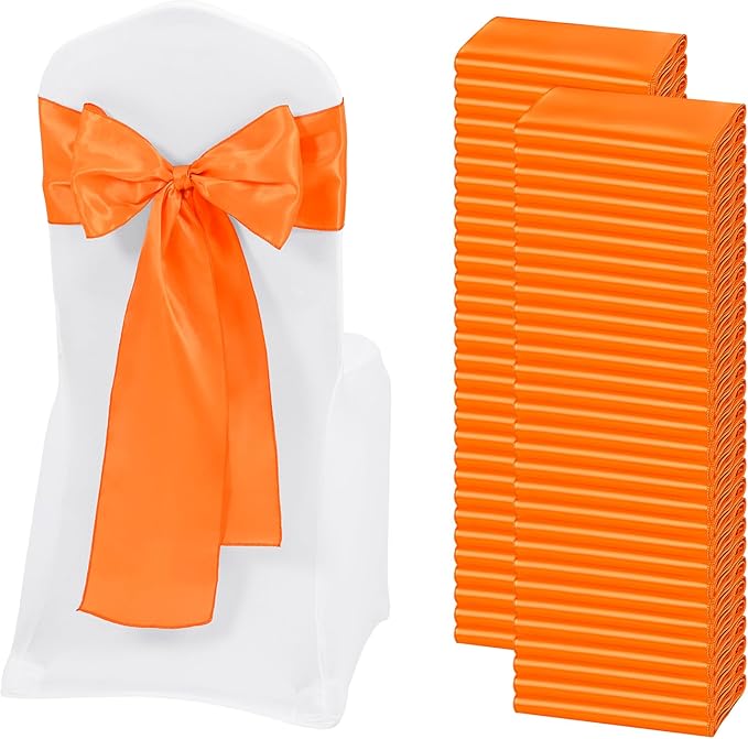 60 PCS Orange Satin Chair Sashes, Ties Bows Designed Chairs Decorative, Chair Cover Sashes for Thanksgiving Wedding Christmas Banquet Party Home Kitchen Decoration (7 x 108 inch)