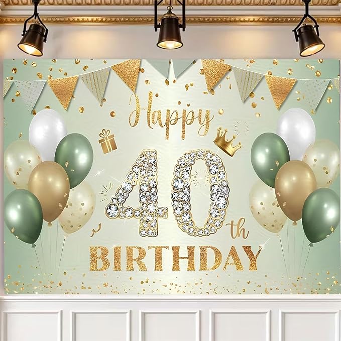 Sage Green 40th Birthday Backdrop Gold Balloons Glitter Dots Background Anniversary Decorations 40th Birthday Sign for Men Women Cake Table Supplles(B, 7X5FT)