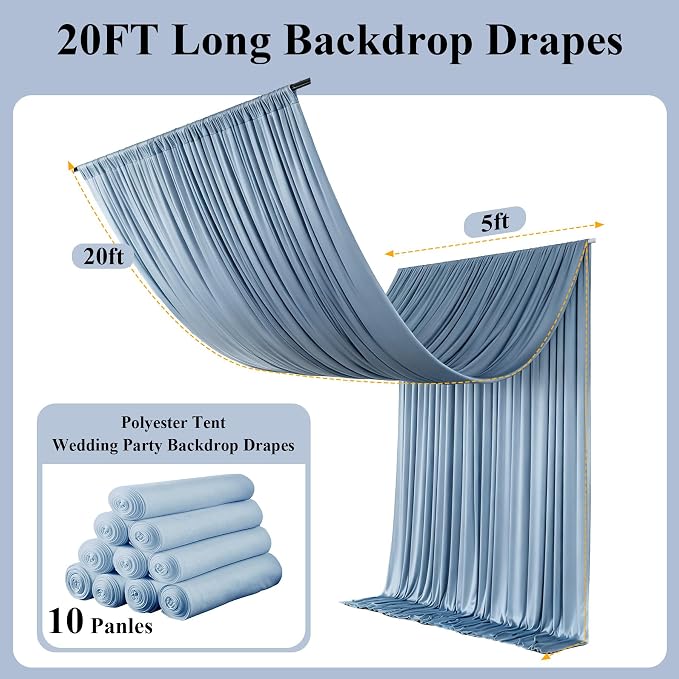 50x20ft Dusty Blue Ceiling Drapes, 10 Panels 20ft Height Wrinkle-Free Tent Draping Curtains for Wedding Party Tent Canopy Arch Backdrop Decorations