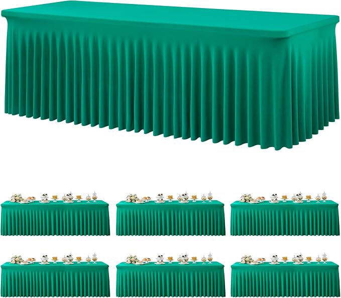 6 Pack Emerald Green Spandex Tablecloth for 6 Foot Rectangle Tables, Wrinkle Free Fitted Table Cloth Cover 6ft Green Stretchy Tablecloths with Skirt for Parties Weddings Birthday Banquet Baby Shower