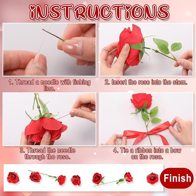 Suncalla 40 Pcs Artificial Rose Flower Hanging Decorations Set DIY Hanging Fake Roses Garlands with Hooks Wedding Party Decorations for Anniversary Background Themed Party(Red)