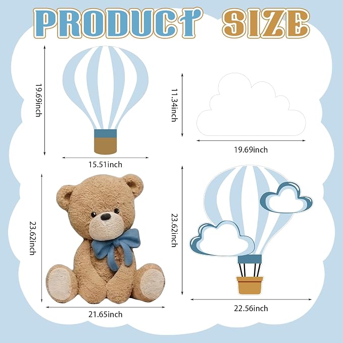 4 Pcs Large 23.62" Teddy Bear Baby Shower Decorations Teddy Bear White Cloud Hot Air Balloon Cardboard Cutouts, Cloud Party Yard Signs for We Can Bearly Wait Birthday Party Supplies